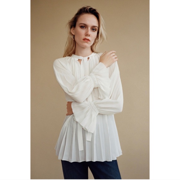 NWT ZARA PLEATED BOW BLOUSE WHITE - Picture 2 of 5